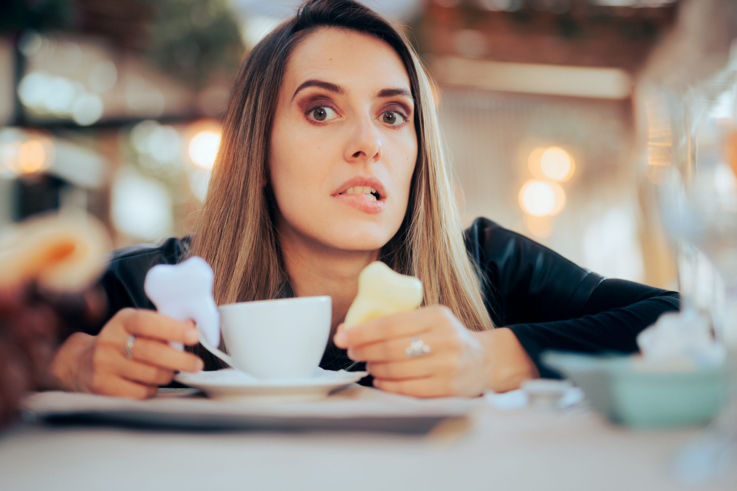 Woman worried about tooth staining from coffee. Stressed lady suffering from caffeine addiction concerned about her oral health